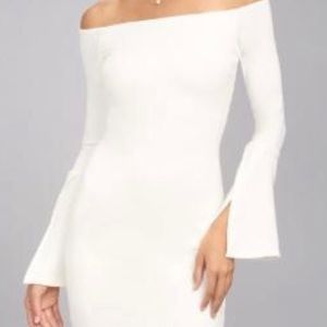 WHITE LONG BELL SLEEVE OFF THE SHOULDER DRESS
